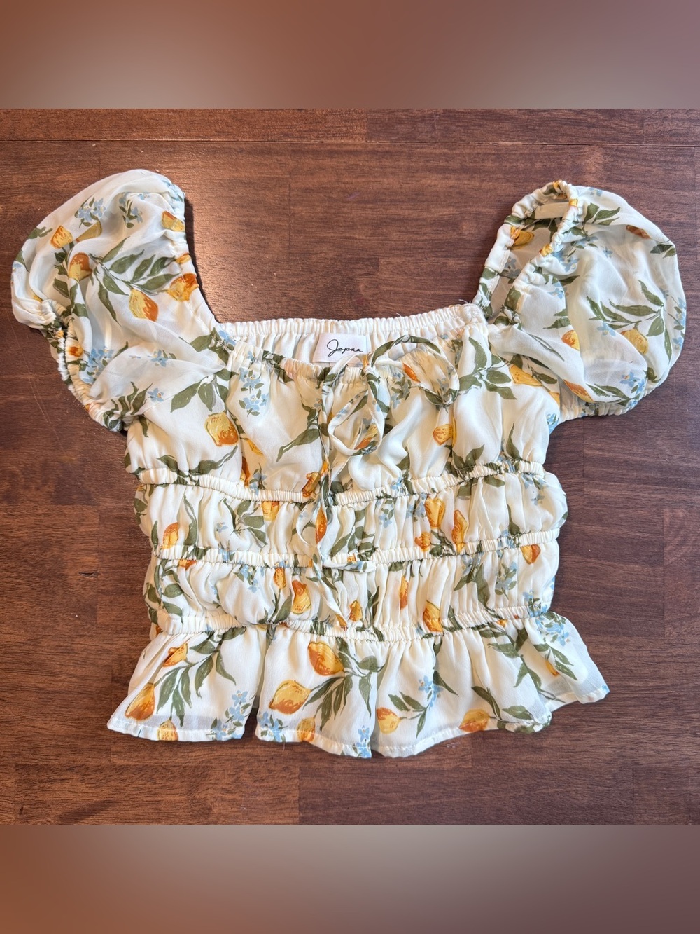 Joya XS Lemon Floral Puff Sleeve Smocked Peplum Top Tie Front Cottagecore